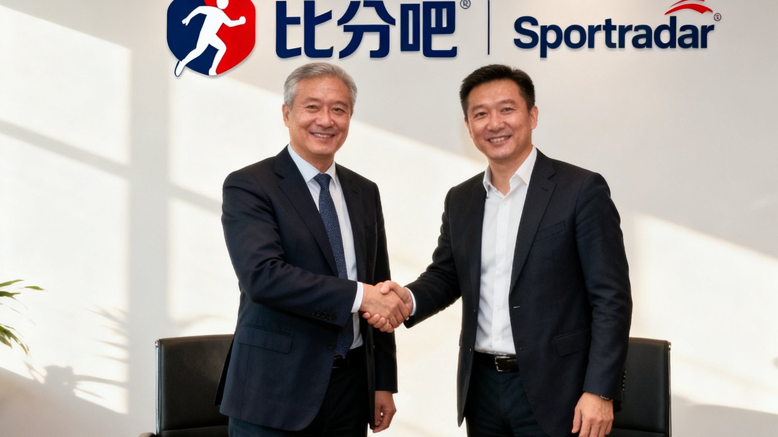 比分吧與Sportradar合作協(xié)議簽署儀式，雙方代表握手合影，背景顯示兩家公司的品牌標(biāo)識(shí)。